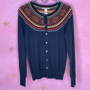 LUCKY BRAND Navy Fair Isle Beaded Cardigan Sweater Medium.